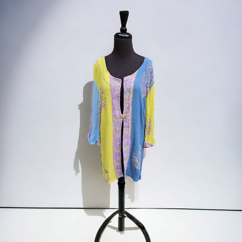 Soft Surroundings Patchwork Gauze Button Up Shirt Blouse Tunic 3/4 Sleeve L - Picture 3 of 11